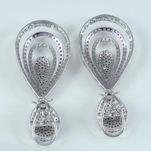 14 K White Gold  IGI Certified Long Diamond & Ruby Earrings