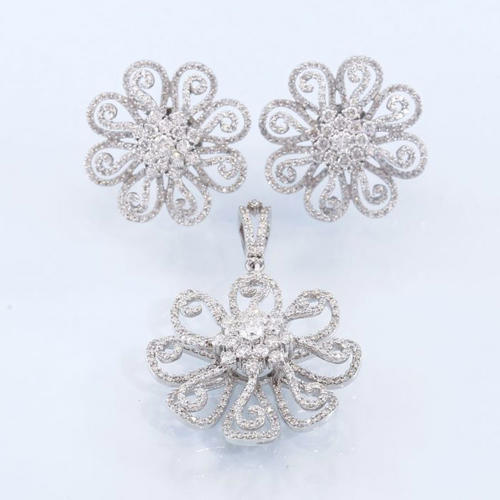 14 K White Gold Diamond Pendant with Earrings