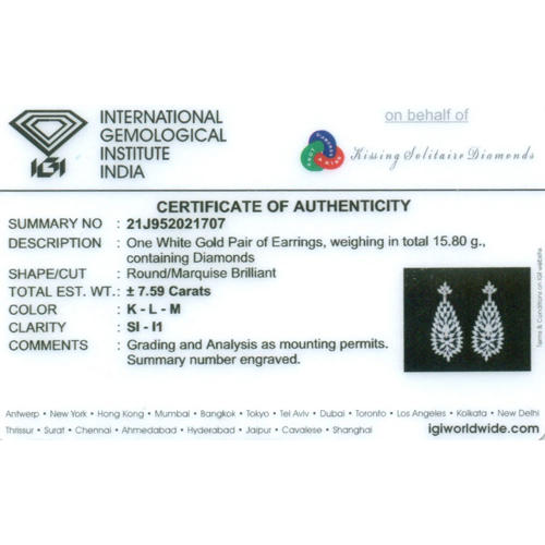14 K White Gold IGI Certified Designer Diamond Earrings