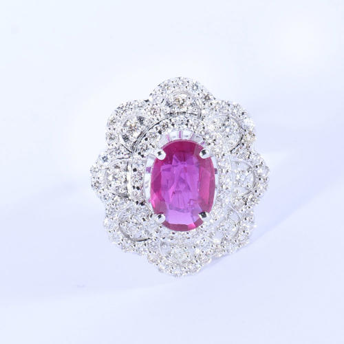 14 K / 585 White Gold Ruby (GIA Certified) & Diamond Ring