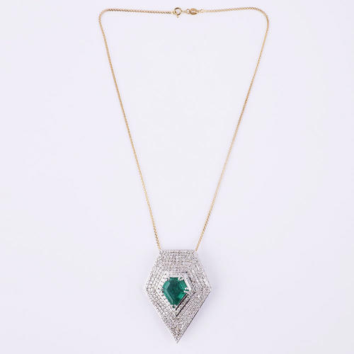 14 K White Gold Emerald & Diamond Brooch / Pendant Necklace