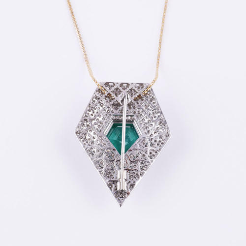 14 K White Gold Emerald & Diamond Brooch / Pendant Necklace