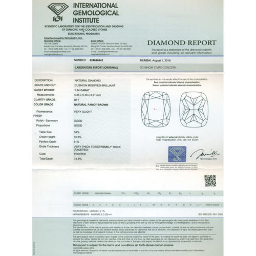 IGI Certified 1.14 ct. Fancy Brown Diamond UNTREATED
