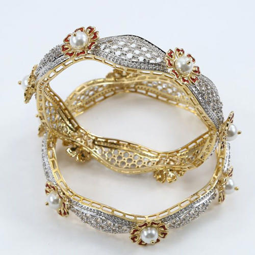 14 K / 585 Yellow Gold Diamond Bangle (2) with Pearls & Enamel