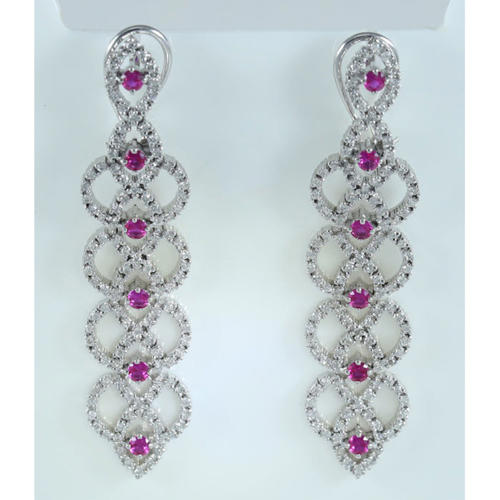 14 K / 585 White Gold IGI Certified Long Diamond & Ruby Earrings