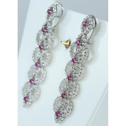 14 K / 585 White Gold IGI Certified Long Diamond & Ruby Earrings