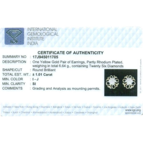 18 K /750 Yellow Gold IGI Certified Diamond Earrings