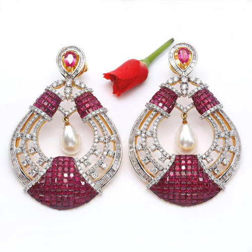 14 K Yellow Gold Diamond, Ruby & Pearl Earrings and Pendant