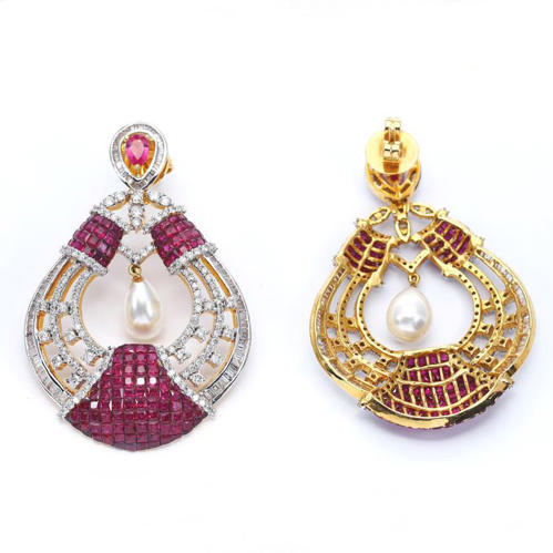14 K Yellow Gold Diamond, Ruby & Pearl Earrings and Pendant