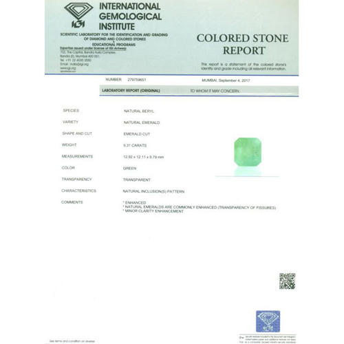 IGI Certified 9.31 ct. Emerald - COLOMBIA
