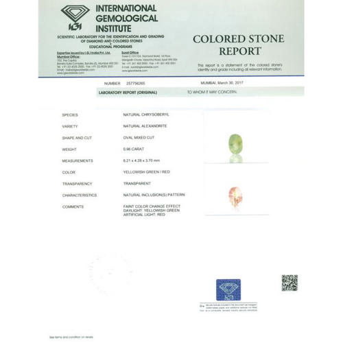 IGI Certified 0.96 ct. Alexandrite Untreated MADAGASCAR