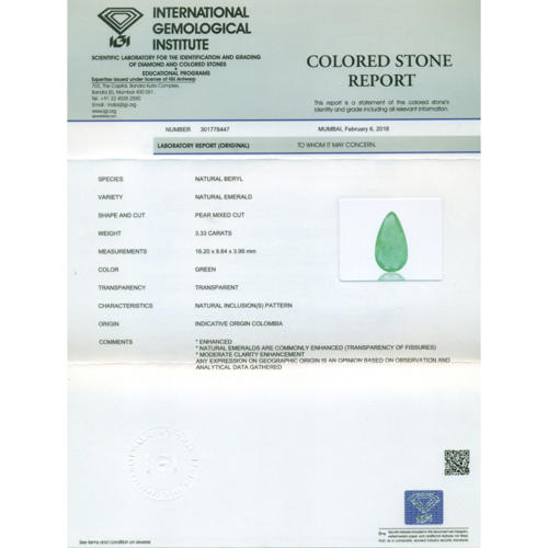 IGI Certified 3.33 ct. Emerald - COLOMBIA