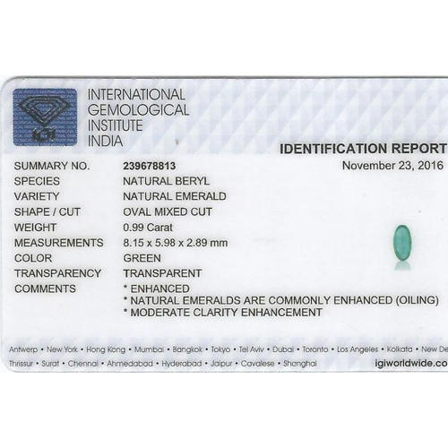 IGI Certified 0.99 ct. Emerald - COLOMBIA