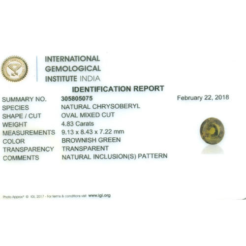 IGI Certified 4.83 ct. Natural Chrysoberyl - SRI LANKA