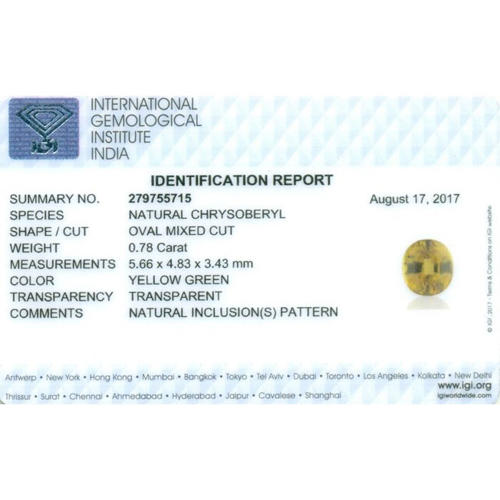 IGI Certified 0.78 ct. Natural Chrysoberyl - MADAGASCAR
