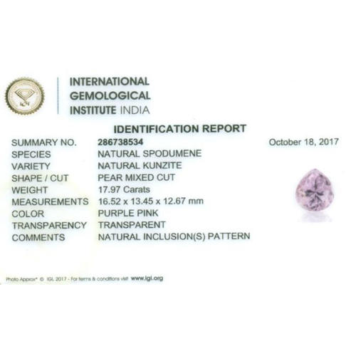 IGI Certified 17.97 ct. Purple Pink Kunzite AFGHANISTAN