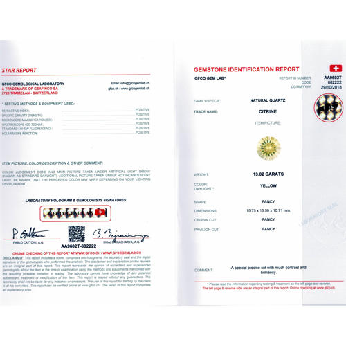 GFCO (SWISS) Certified 13.02 ct. Yellow Citrine