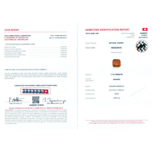 GFCO Certified 1.13 ct. Hessonite Garnet - SRI LANKA