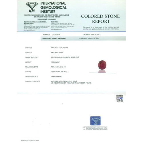 IGI Certified 1.65 ct. Untreated Ruby - BURMA, MYANMAR