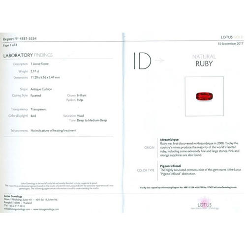 LOTUS Certified 2.17 ct. Untreated Pigeon's Blood Ruby