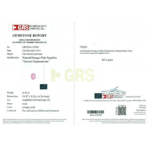 GRS Certified 6.10 ct. Padparadscha Sapphire - SRI LANKA, CEYLON