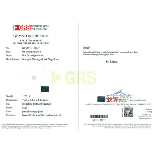 GRS Certified 1.76 ct. Padparadscha Sapphire - SRI LANKA