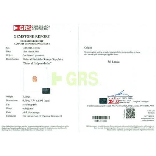 GRS Certified 5.90 ct. Padparadscha Sapphire - SRI LANKA