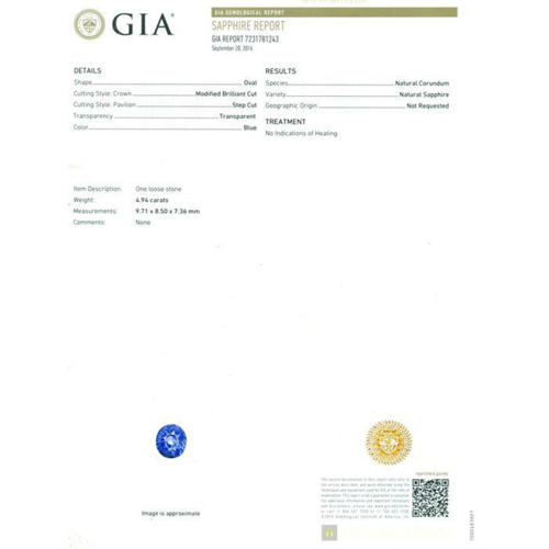 GIA Certified 4.94 ct. Untreated Blue Sapphire - BURMA