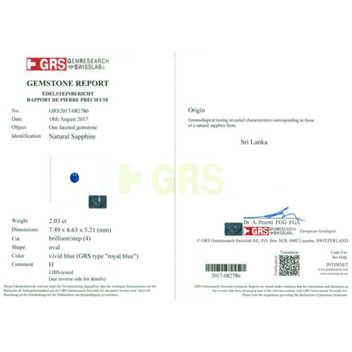 GRS Certified 2.05 ct. Royal Blue Sapphire - SRI LANKA