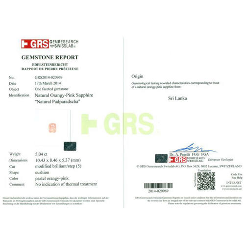 GRS Certified 5.04 ct. Padparadscha Sapphire - SRI LANKA