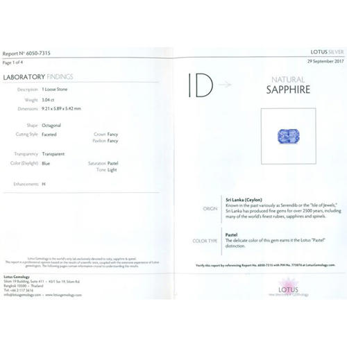 LOTUS Certified 3.04 ct. PASTEL BLUE Sapphire - SRI LANKA, CEYLON