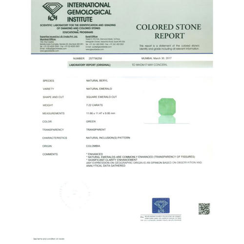 IGI Certified 7.22 ct. Emerald - COLOMBIA