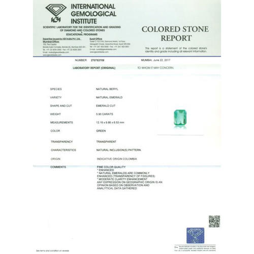 IGI Certified 5.90 ct. Emerald - COLOMBIA