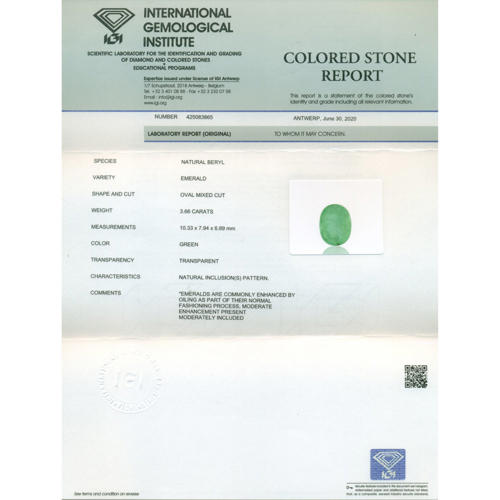 RARE IGI Certified 3.66 ct. Natural Emerald - COLOMBIA