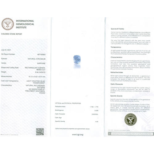 IGI Certified 8.04 ct. Untreated Blue Sapphire - SRI LANKA