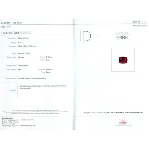 LOTUS Certified 6.38 ct. Red Spinel - BURMA, MYANMAR