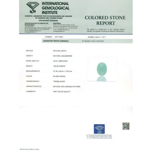 IGI Certified 139.36 ct. Aquamarine - BRAZIL