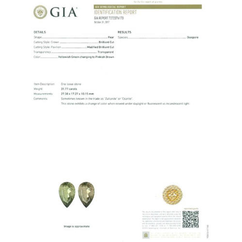 GIA Certified 31.77 ct. Color changing Diaspore - TURKEY