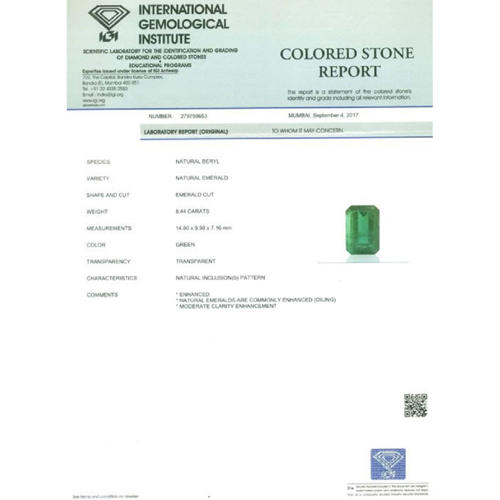 IGI Certified 8.44 ct. Emerald - ZAMBIA