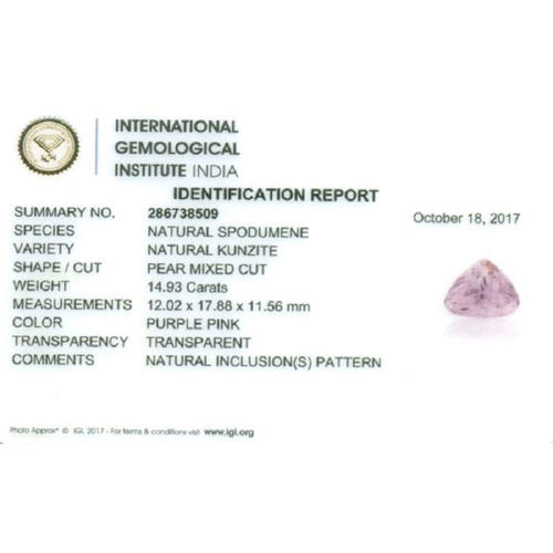 IGI Certified 14.93 ct. Purple Pink Kunzite - AFGHANISTAN