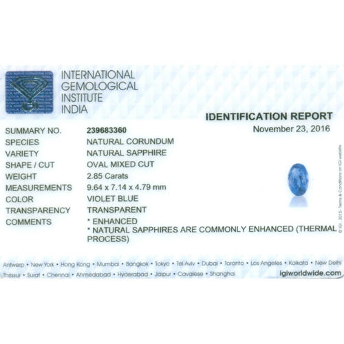 IGI Certified 2.85 ct. Blue Sapphire - MADAGASCAR