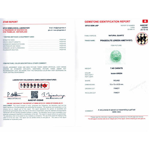 GFCO (SWISS) Certified 7.40 ct. Bluish Green Amethyst - BRAZIL