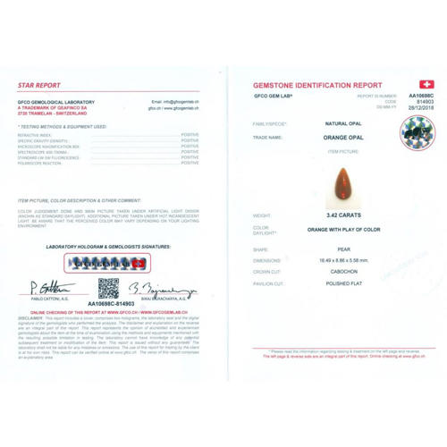 GFCO (Swiss) Certified 3.42 ct. Orange OPAL - AUSTRALIA