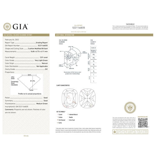 GIA Certified 2.01 ct. Light Green Cushion Diamond - UNTREATED