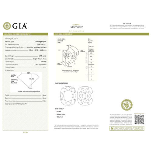 GIA Certified 4.11 ct. Light Brown Pink Cushion Cut Diamond - UNTREATED