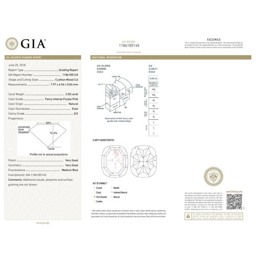 GIA Certified 2.50 ct. Fancy Purple Pink Cushion Cut Diamond - UNTREATED