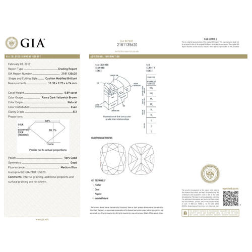 GIA Certified 5.89 ct. Fancy Yellowish Brown Cushion Cut Diamond - UNTREATED