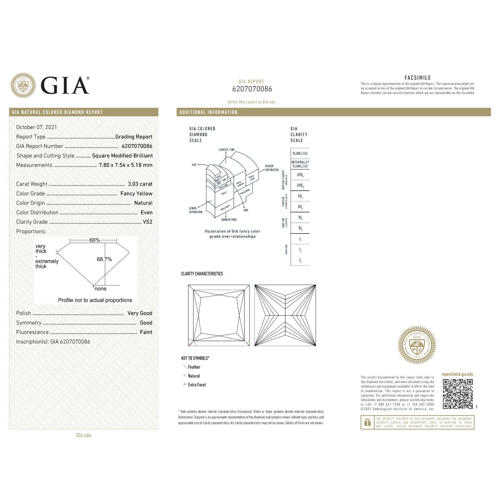 GIA Certified 3.03 ct. Fancy Yellow Princess Cut Diamond - UNTREATED