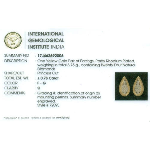 IGI Certified 14 K / 585 Yellow Gold Diamond Studs - 0.78 ct.