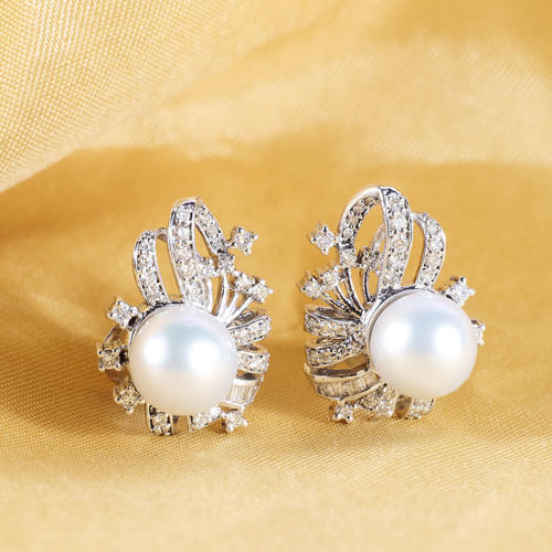 14 K White Gold Diamond & South Sea Pearl Earrings - 15.58 ct.